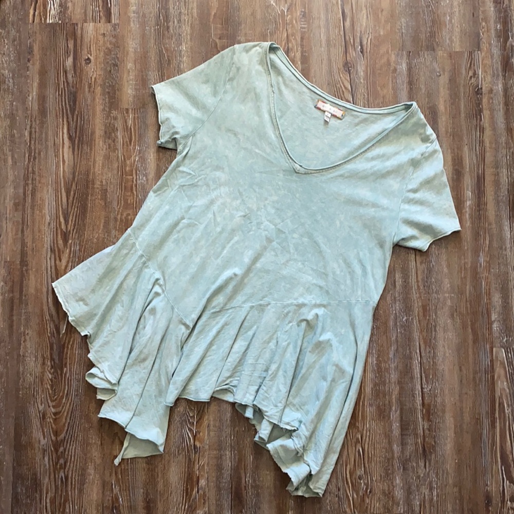 Eri + Ali Light Green Stone Wash Asymmetrical Hem Short Sleeve Tunic